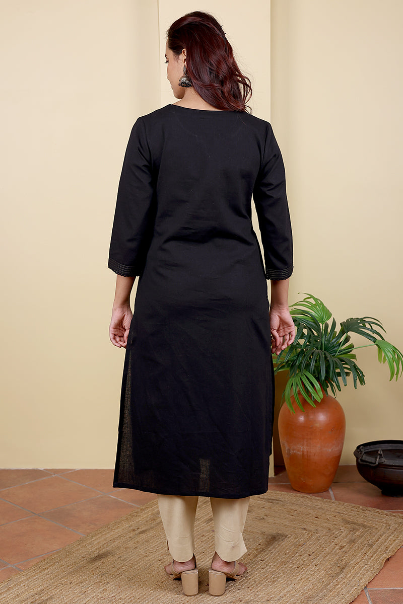 Black Hand Dyed Cotton Linen Women Long Kurta Long Sleeves WLKLS042333