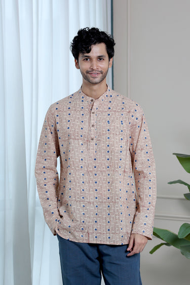Blue Bagru Cotton Men Short Kurta
