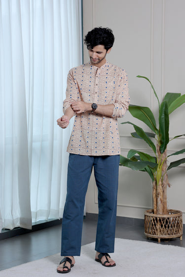 Blue Bagru Cotton Men Short Kurta
