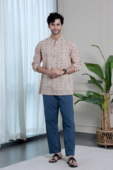 Blue Bagru Cotton Men Short Kurta
