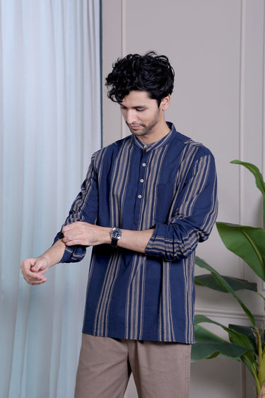 Blue Beige Stripes Natural Cotton Linen Men Short Kurta
