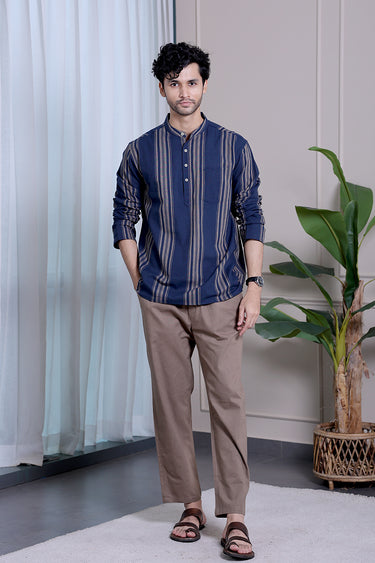 Blue Beige Stripes Natural Cotton Linen Men Short Kurta