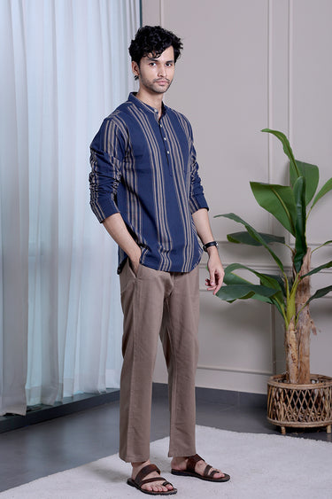 Blue Beige Stripes Natural Cotton Linen Men Short Kurta