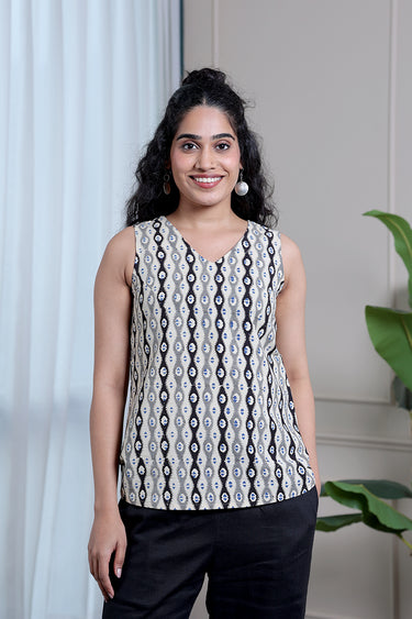 Blue Black Bagru Lite Cotton Flax Women Short Top