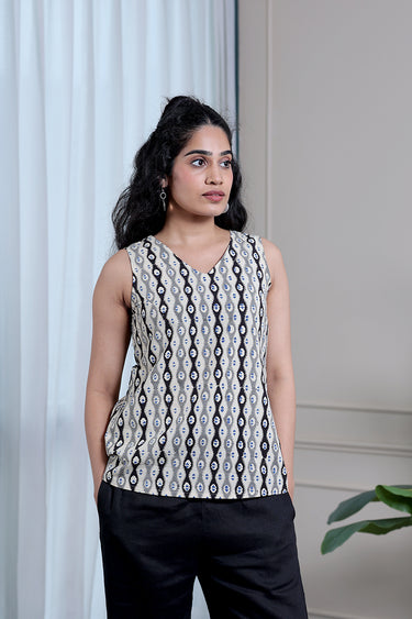 Blue Black Bagru Lite Cotton Flax Women Short Top