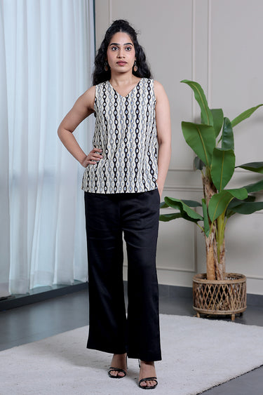 Blue Black Bagru Lite Cotton Flax Women Short Top