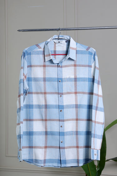 Blue Brown Checks Natural Cotton Linen Men Shirt