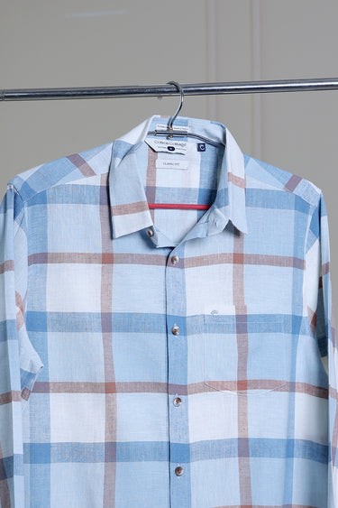 Blue Brown Checks Natural Cotton Linen Men Shirt