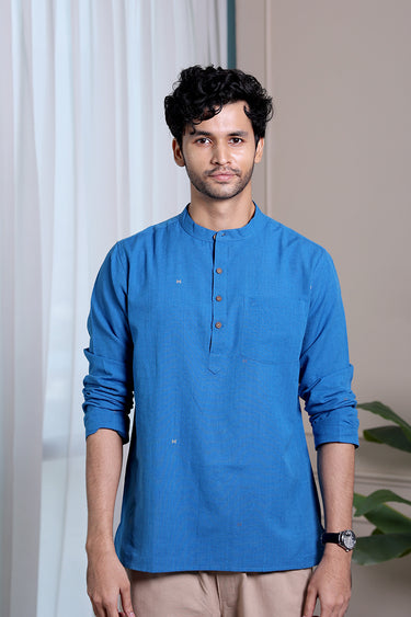 Blue Dobby Fine Cotton Flax Men Short Kurta