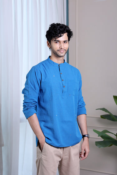 Blue Dobby Fine Cotton Flax Men Short Kurta