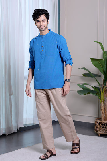 Blue Dobby Fine Cotton Flax Men Short Kurta