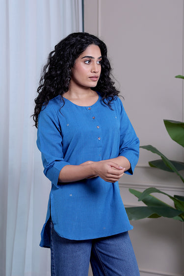 Blue Dobby South Cotton Women Kurti