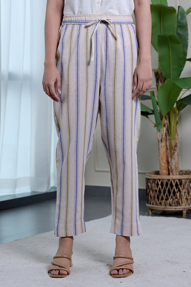 Blue Green Stripes Natural Cotton Linen Women Ankle Pant