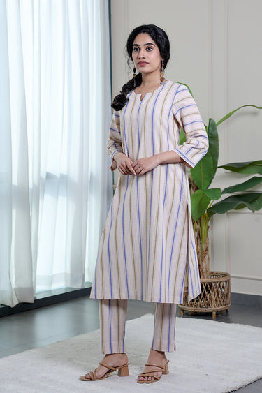 Blue Green Stripes Natural Cotton Linen Women Ankle Pant