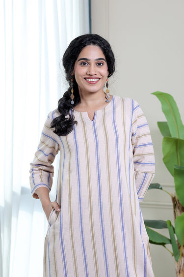 Blue Green Stripes Natural Cotton Linen Women Long Kurta