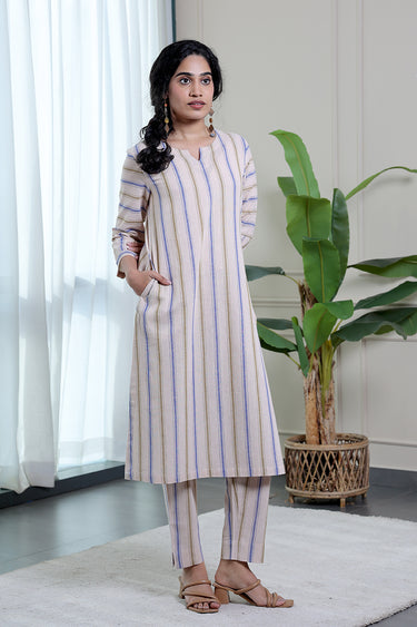 Blue Green Stripes Natural Cotton Linen Women Long Kurta
