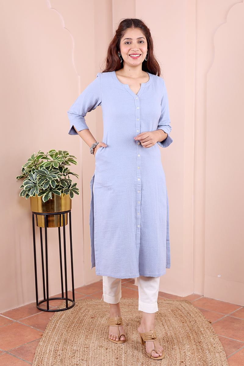Blue Hand Dyed Cotton Double Cloth Women Long Kurta Long Sleeves WLKLS042459