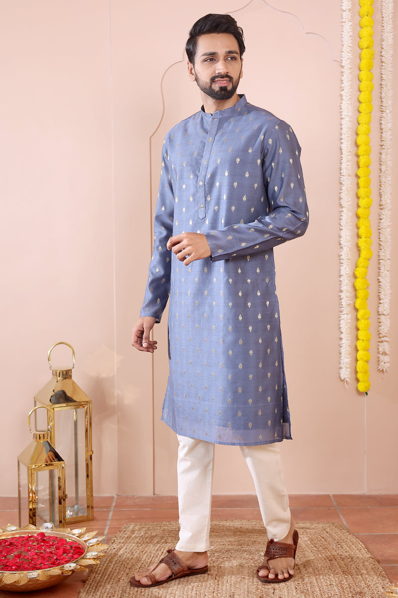 Blue Jaquard Banarasi Silk Men Long Kurta Full Sleeves