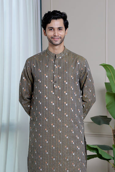 Blue Mustard Stripes Dobby Fine Cotton Flax Men Long Kurta