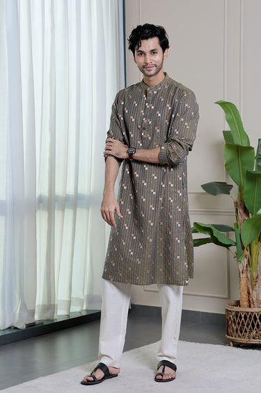 Blue Mustard Stripes Dobby Fine Cotton Flax Men Long Kurta