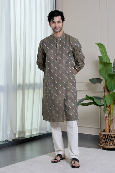 Blue Mustard Stripes Dobby Fine Cotton Flax Men Long Kurta
