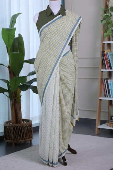 Blue Olive Sanganeri Cotton Malmal Dobby Saree