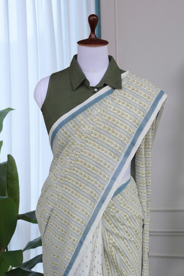 Blue Olive Sanganeri Cotton Malmal Dobby Saree