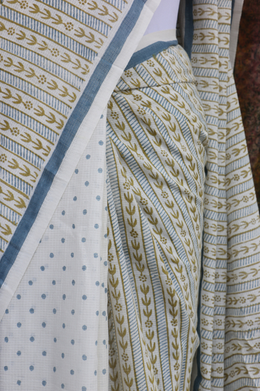 Blue Olive Sanganeri Cotton Malmal Dobby Saree