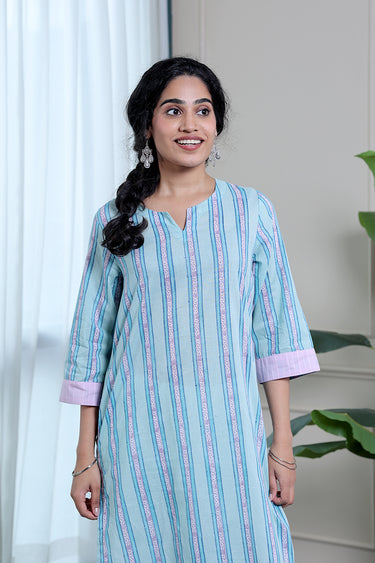 Blue Purple Sanganeri Cotton Malmal Women Long Kurta