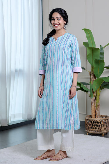 Blue Purple Sanganeri Cotton Malmal Women Long Kurta