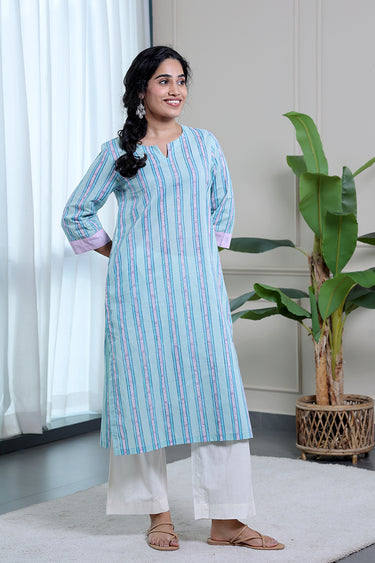 Blue Purple Sanganeri Cotton Malmal Women Long Kurta