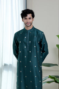 Bottle Green Jaquard Banarasi Silk Men Long Kurta