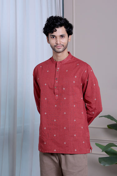 Brick Red Dobby South Cotton Men Short Kurta