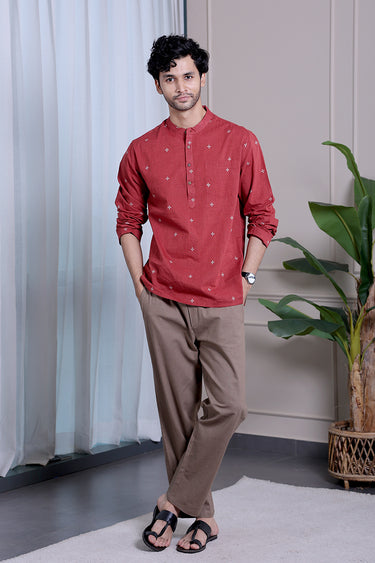Brick Red Dobby South Cotton Men Short Kurta