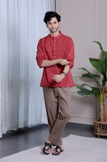 Brick Red Dobby South Cotton Men Short Kurta