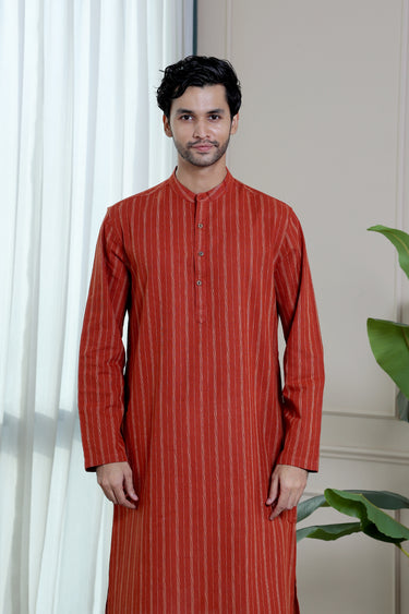 Brick Red Stripes Natural Cotton Linen Men Long Kurta