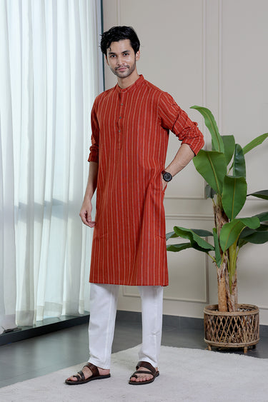 Brick Red Stripes Natural Cotton Linen Men Long Kurta