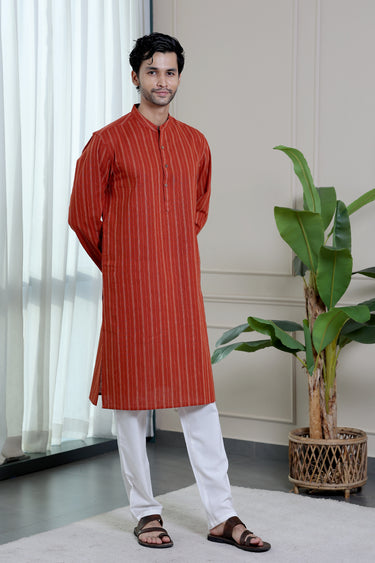 Brick Red Stripes Natural Cotton Linen Men Long Kurta