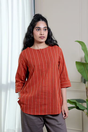 Brick Red Stripes Natural Cotton Linen Women Kurti