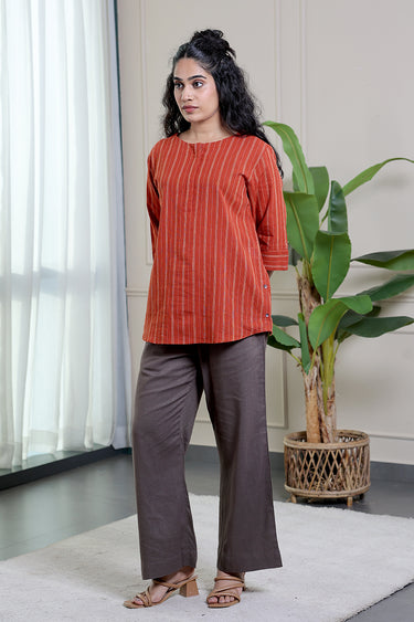Brick Red Stripes Natural Cotton Linen Women Kurti