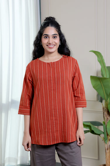 Brick Red Stripes Natural Cotton Linen Women Kurti