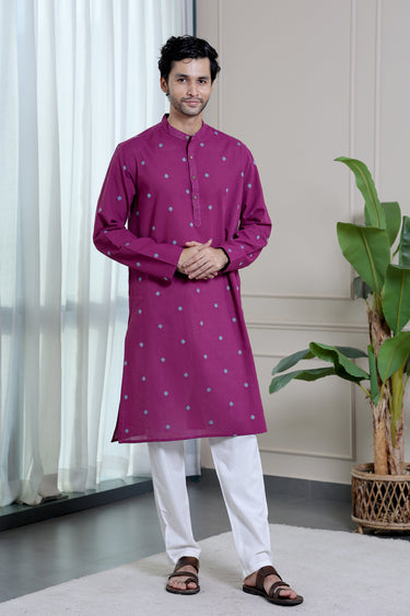 Bright Purple Dobby Buti South Cotton Men Long Kurta