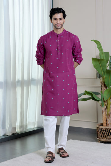 Bright Purple Dobby Buti South Cotton Men Long Kurta