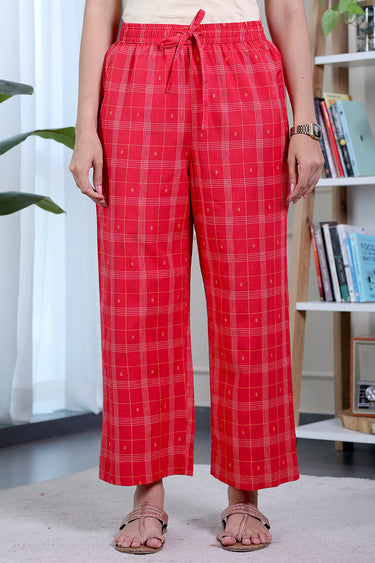 Bright Red Checks Dobby South Cotton Women Flared Pant