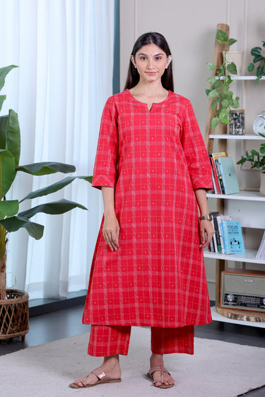 Bright Red Checks Dobby South Cotton Women Flared Pant