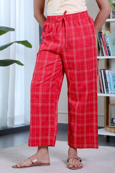 Bright Red Checks Dobby South Cotton Women Flared Pant