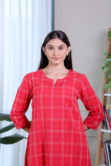 Bright Red Checks Dobby South Cotton Women Long Kurta