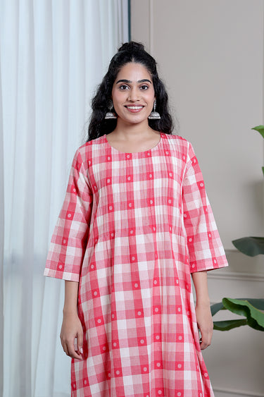 Bright Red Checks Dobby South Cotton Women Long Kurta