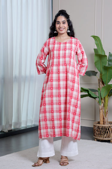 Bright Red Checks Dobby South Cotton Women Long Kurta