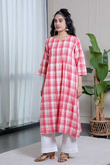 Bright Red Checks Dobby South Cotton Women Long Kurta